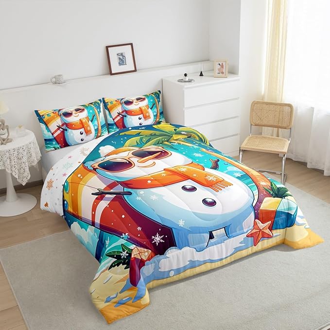 Manfei Cute Snowman Comforter Set King Size, Christmas Theme Bedding Set for Kids Boys Girls, Beach Surfboard Palm Tree Down Comforter for All Season, Lightweight Duvet Insert, 2 Pillowcases