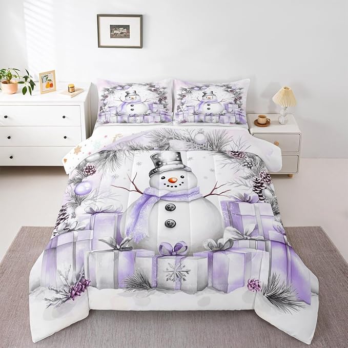 Feelyou Merry Christmas Bedding Set Soft for Boys Girls, Cute Snowman Comforter Set Queen Size Duvet Quilt Microfiber Snowflake Bedroom Decor 3 Pcs with 2 Pillow Cases