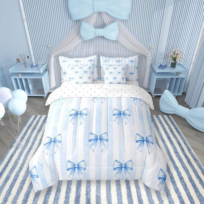7 Pieces Blue Bowknot Kids Comforter Full Size,Geometric Stripes Bow Tie Patchwork Dreamy Girls Bedding Set,Butterfly Knot Princess Cute（Comforter+Fitted+Flat+2 Pillowcases+2 Throw Pillow Covers）