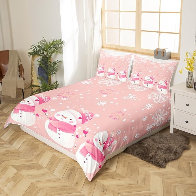 Manfei Kawaii Snowman Duvet Cover Set King Size, Cute Pink White Snowflake Comforter Cover with 2 Pillowcases, Christmas Theme Bedding Set 3pcs for Kids Girls Lightweight Bedspread Cover,No Comforter