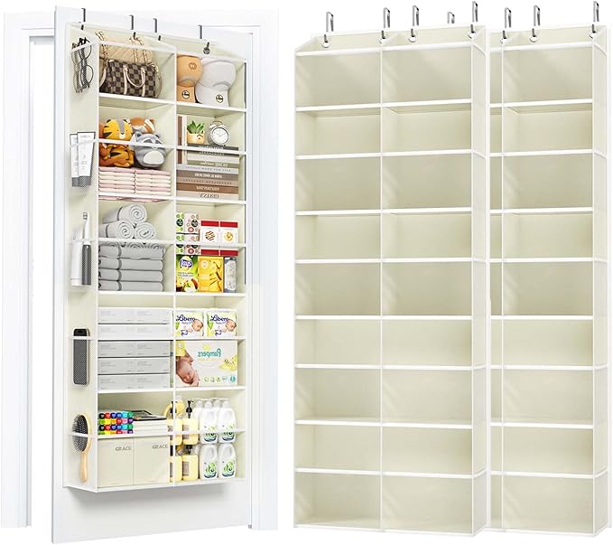 5-Tier Over The Door Organizer with 10 Side Mesh Pockets & Clear Windows, 80 lb Weight Capacity Hanging Storage for Bathroom, Bedroom, Nursery, Kitchen, Organizer Toys (Beige Clear wind 2 Pack)