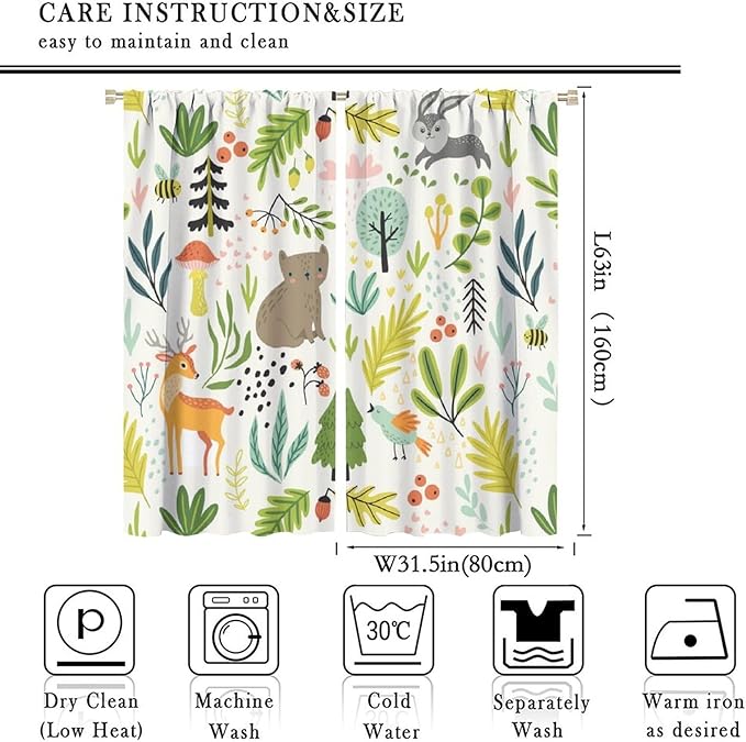 Kid Forest Animal Curtains,Woodland Animal Cartoon Watercolor Forest Hedgehog Fox Toddler Boys Girls Bedroom Living Room Window Drapes 63x63in
