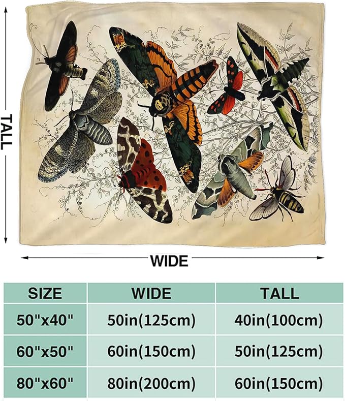 Tijuboni Moth Insect Throw Blanket Moth Gifts for Girls Women Boys Men Kids Adults Soft Flannel Fleece Blanket for Couch Sofa Bed Home Decor 40"x50"