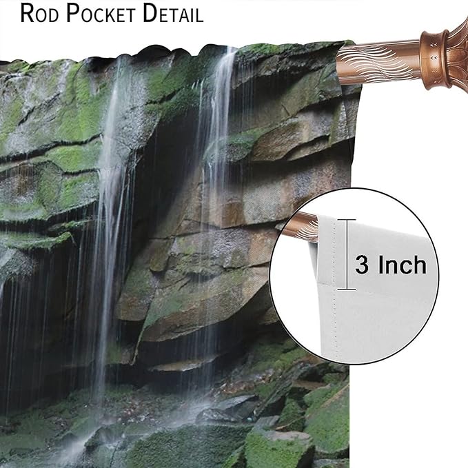 Forest Waterfall Blackout Windows Curtains, Rocky Waterfall to Pond Running Off Scenic Nature Themed Picture Print Curtains, for Living Room Bedroom 72x63in 2 Panels