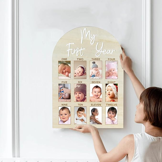 My First Year Arch Photo Frame, Natural Wooden Monthly Milestone Photo Frame for Baby Birthday Party Decorations, 17 x 11.9 inches