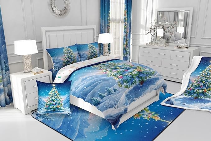 Feelyou Christmas Comforter Set Twin Size Xmas Tree Bedding Set for Kids Boys Girls Winter Snowflake Duvet Quilt Christmas Tree Ornaments Bedroom Decor Microfiber 2 Pcs with 1 Pillow Cases