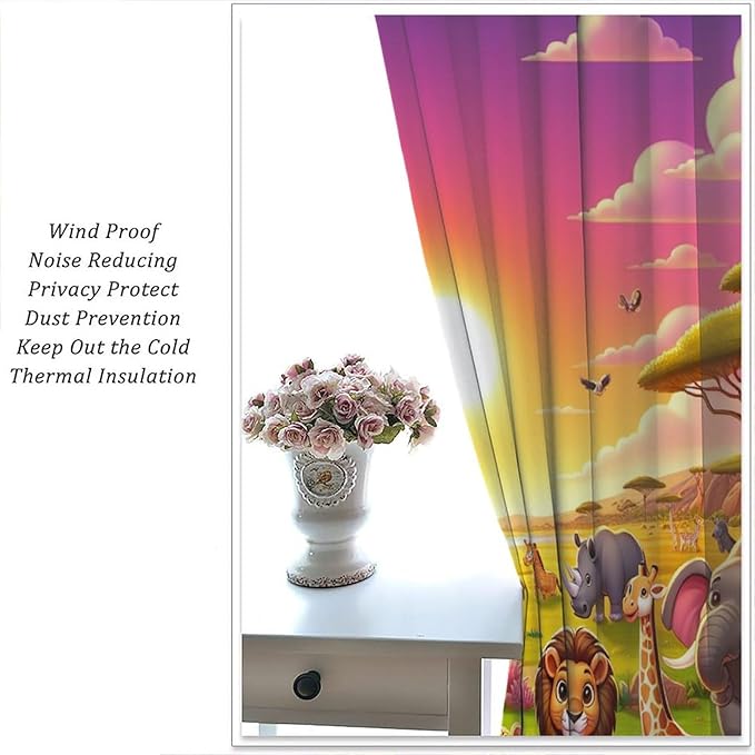West Animal Curtains Kids Boys Girls Window Treatment Africa Cartoon Animals Lion Elephant Giraffe for Nursery Baby Bedroom Playroom Decor Window Drapes 63" W X 63" L