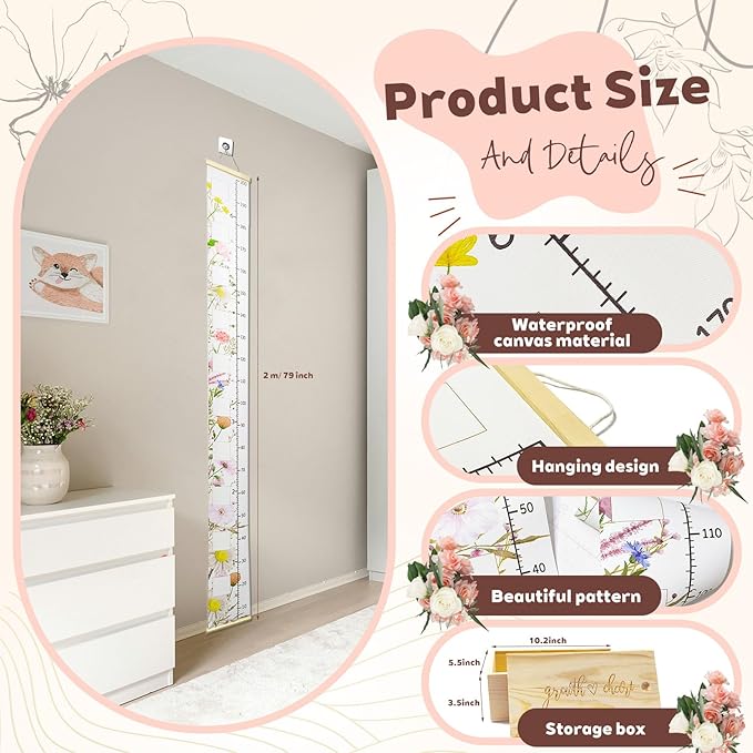 Wildflowers Baby Growth Height Chart with Keepsake Box Hook Pen Set 79 Inches Removable Ruler Measuring Chart Waterproof Canvas Measure Removable Wall Decor for Baby Kids Toddlers (1, Wild Flower)