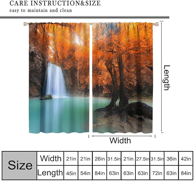 Forest Waterfall Blackout Curtains, Fall Leaves Trees Jungle Autumn Stream Country Nature Landscape Scenery Window Drapes, for Bedroom Living Room 63" W X 72" L