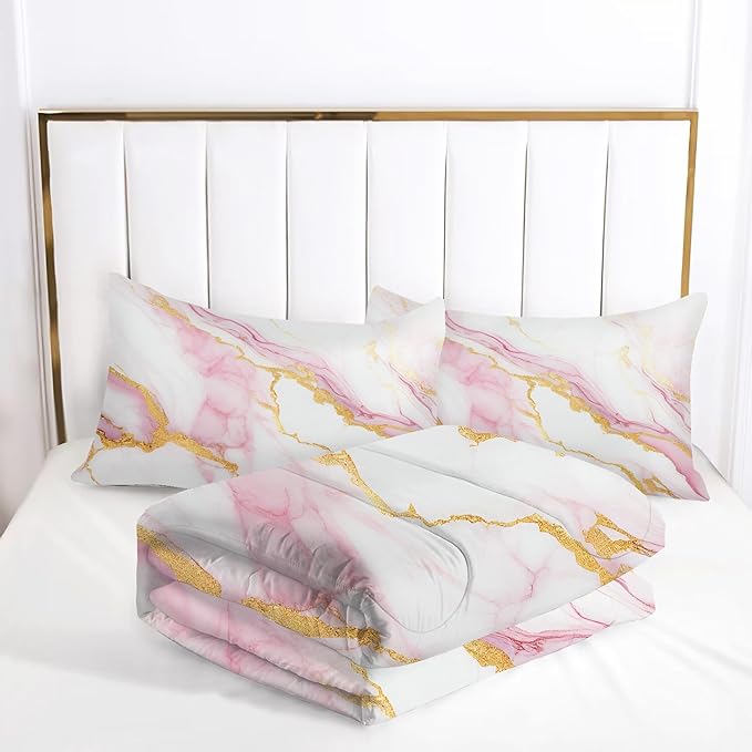Girls Queen Comforter Set: Pink Marble Bedding Set Queen Size for Teen Girl Women Pink and Gold Abstract Marbling Bed Set Luxury Soft Quilt 1 Comforter & 2 Pillowcases
