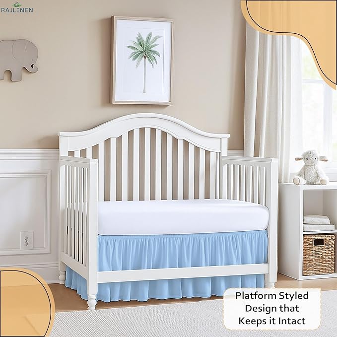 Rajlinen Ruffled Crib Bed Skirt, Microfiber, Dust Ruffle with Split Corners, 14" Drop, Nursery Toddler Bedding for Baby Boys or Girls, Light Blue