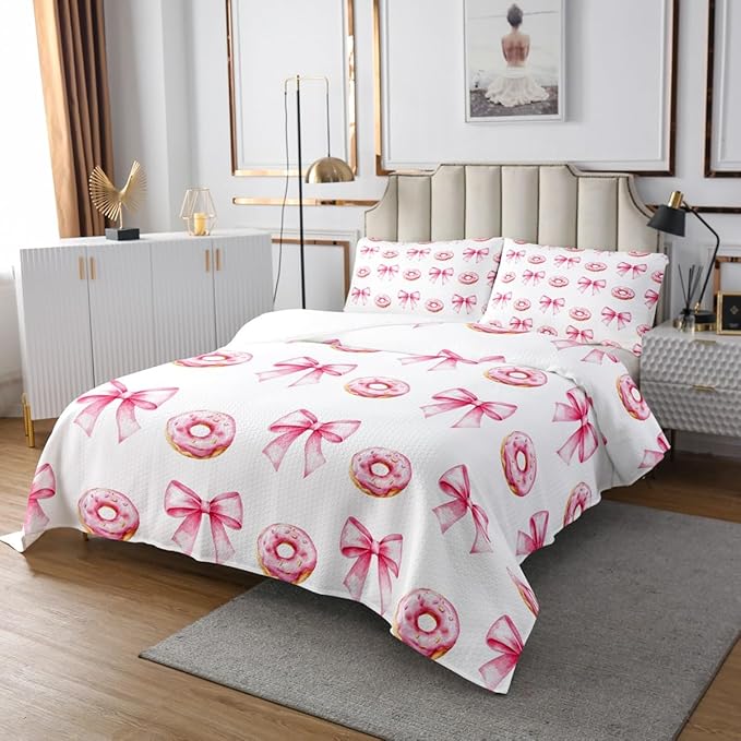 Pink Bowknot Kids Bedspread King Size,Donut Dessert Cartoon Food Toddler Coverlet Set,Girls Women Room Decor,Bow Tie Knot Princess Style Quilted Coverlet,Cute Fashion Bedding Quilt,2 Pillowcases