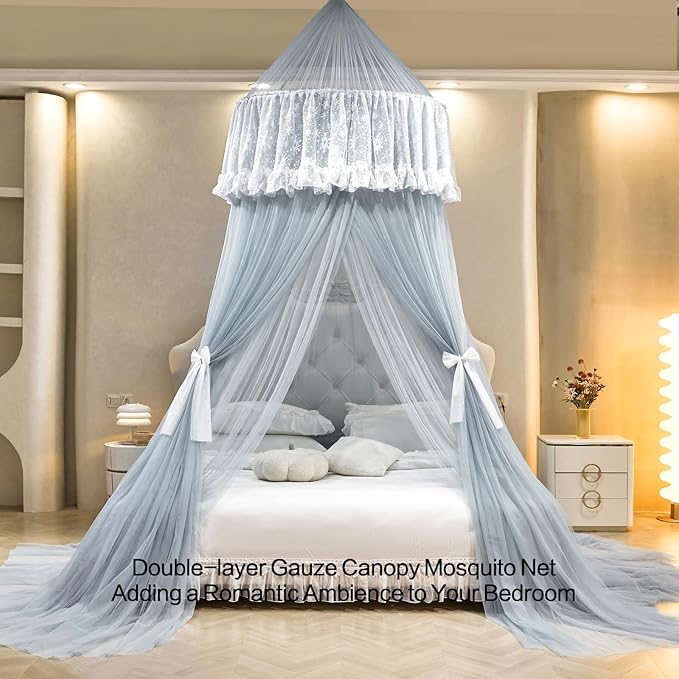 AIKASY Princess Bed Canopy for Girls – Double Layer Sheer Mesh Dome with Romantic Lace Trim, Dreamy Mosquito Net Tent for Twin/Full/Queen/King Beds(Lightgrey)