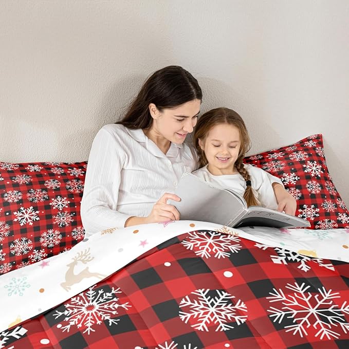 Feelyou Christmas Comforter Set Queen Size Red Black Plaid Bedding Set for Kids Boys Girls Winter Snow Duvet Quilt Snowflake Red Bedroom Decor Microfiber 3 Pcs with 2 Pillow Cases