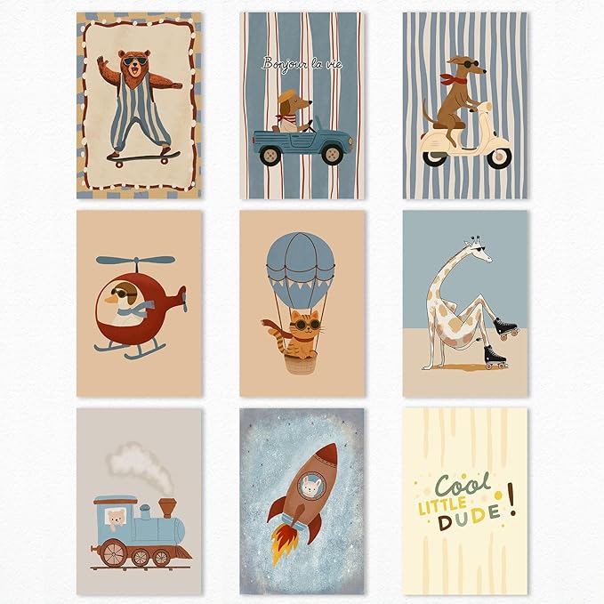 9 Pieces Nursery Animals Canvas Wall Art, Kids Room Cute Bear Dog Cat Giraffe and Bunny Picture, Skateboard Cars Rocket and Hot Air Balloon Poster for Boys Bedroom Playroom 8x12in Unframed