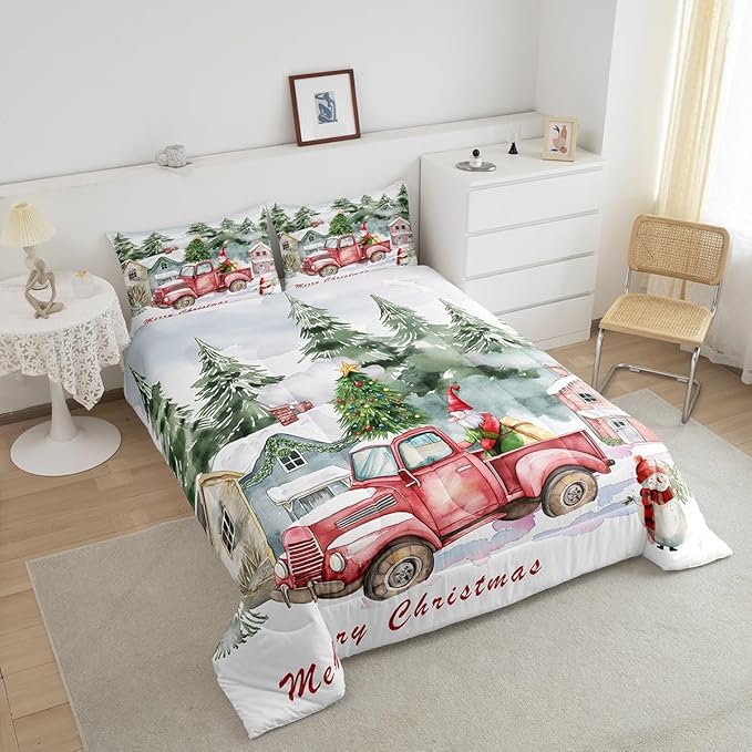 Red Old Truck Comforter Set King Size,Christmas Tree Gnome Duvet Insert for Kids Boys Girls Room Decor,Snowman Winter Rustic Style Bedding Set 3Pcs,Merry Christmas Retro Quilt Set,2 Pillowcases