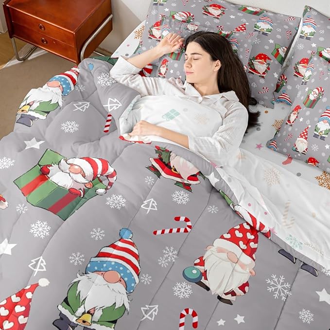 Christmas Gnomes Comforter Set With Sheets 7 Piece Queen Size Cute Snowflakes Candy Bedding Set for Kids Boys Girls Grey Bed in a Bag Reversible Xmas Decor Room Decor Soft Lightweight Microfiber