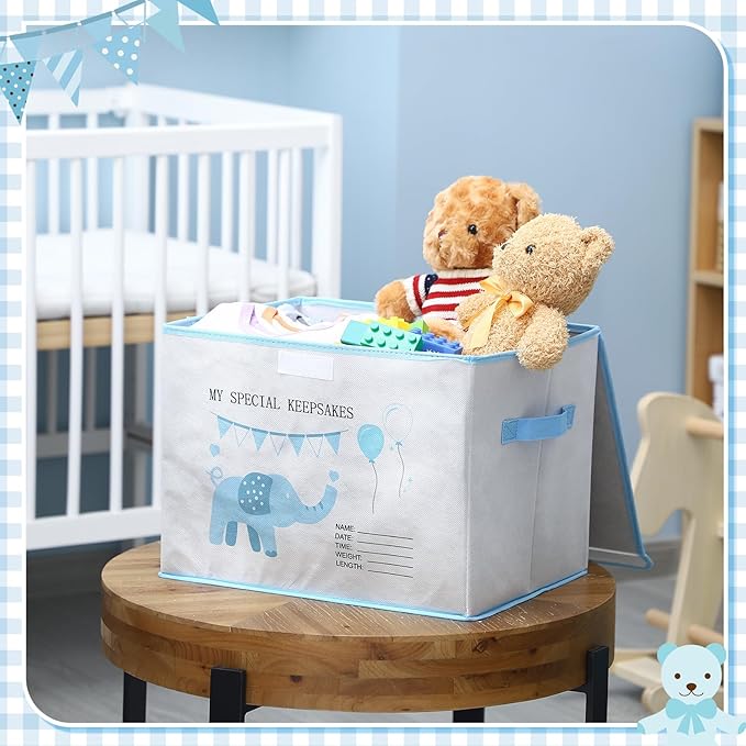 LemonRoad 16x12x12inch Baby Memories Keepsake Box Baby Shower Blue White Elephant First Keepsake Box New Parent Newborn Baptismal Birthday Gift for Mementos Travel Loved Ones Treasured Keepsakes