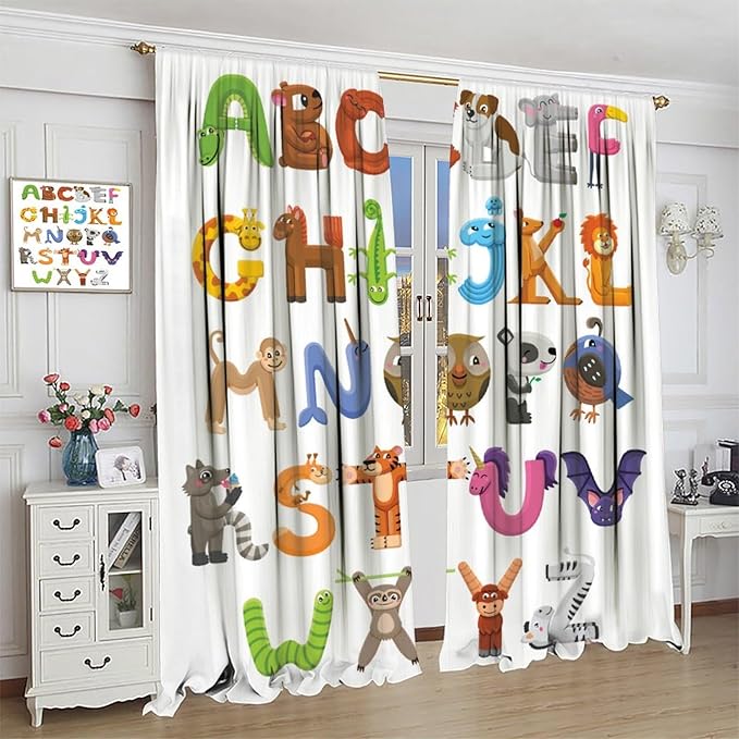 Kids Alphabet Curtains Cartoon Animal Baby Children Funny Learning Educational Curtain with Rod Pocket for Bedroom Nursery Decor Drapes Window Treatments 2 Panels Set 42x63in