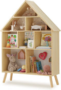 Curipeer Kids Dollhouse Bookshelf and Baby Storage - Wooden Stand Dollhouse Bookcase with 4-Tier Storage Display Organizer, Children Bookshelf for Playing Room, Nursery - Natural Wood Color