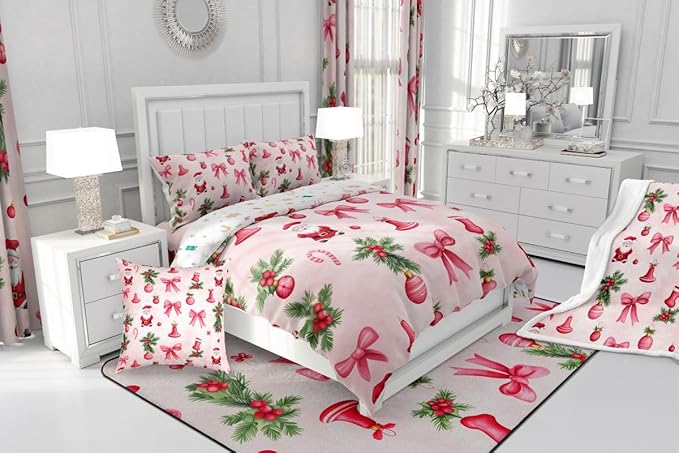Feelyou Santa Claus Bedding Set Soft for Boys Girls, Pink Bow Comforter Set Full Size Christmas Ornament Duvet Quilt Microfiber Candy Cane Bedroom Decor Holly Berry 3 Pcs with 2 Pillow Cases
