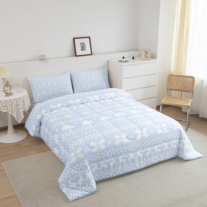 Feelyou Christmas Bedding Set for Kids Boys Girls Queen Size Xmas Deer Decor Comforter Set Ultra Soft Xmas Snowflake Comforter Winter Duvet Quilt Bedroom Decor Christmas Decorations Quilt