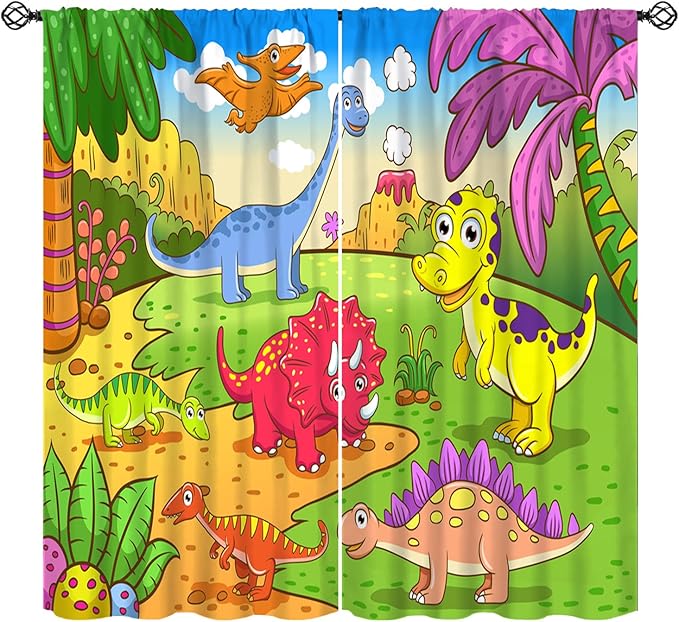 Cute Dinosaur Curtains, Colorful Cartoon Dino Pattern Blackout Window Treatments, Rod Pocket Thermal Insulated Drapes 2 Panel Sets for Kids Bedroom Nursery Classroom, 84" W X 84" L