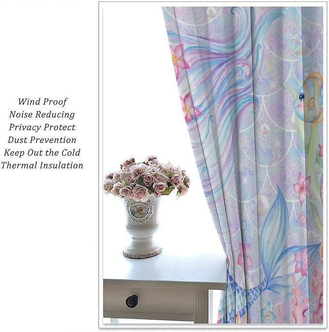 Mermaid Curtains for Girls Children Pink Sea Animal Mermaid Coral Bedroom Curtains for Living Room Room 42x63 Inch