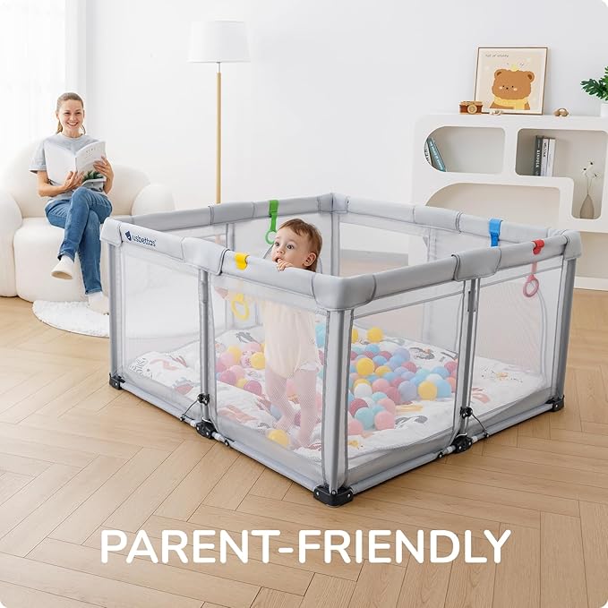 Foldable Baby Playpen with Mat, Foldable Playpen for Babies and Toddlers,Kids Portable Travel Play Pen, Collapsible Play Yard with 4 Handles,Indoor & Outdoor Baby Play Area with Breathable Mesh