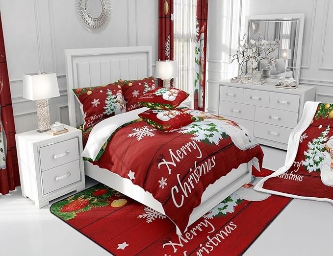 Manfei Christmas Comforter Set Queen Size, Cute Snowman Tree Print Quilt Set with 2 Pillowcases, New Year Theme Rustic Style Xmas Bedding Set 3pcs for Kids Boys Girls Bedroom Decor