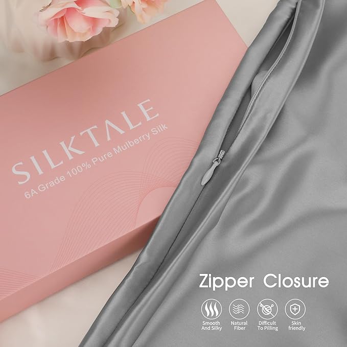 100% Mulberry Silk Pillowcase for Hair and Skin,Both Sides Natural Silk Bed Pillow Case with Hidden Zipper,19 Momme Grade 6A,1pc,Light Grey,Standard Size 20x26 Inches