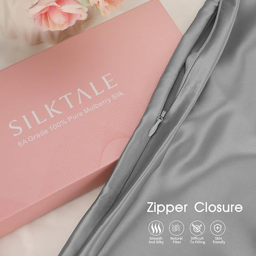 100% Mulberry Silk Pillowcase for Hair and Skin,Both Sides Natural Silk Bed Pillow Case with Hidden Zipper,19 Momme Grade 6A,1pc,Light Grey,Standard Size 20x26 Inches