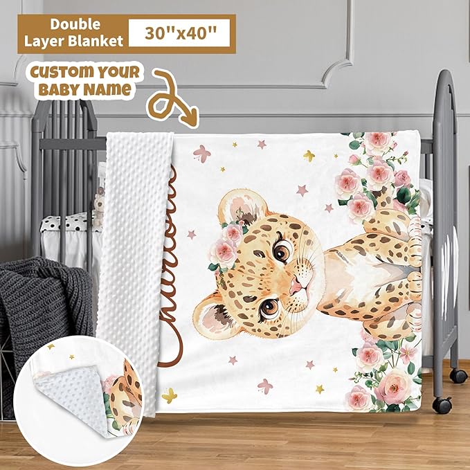 Custom Baby Crib Bedding Set, 3 Pcs Personalized Nursery Bedding Set with Name, Soft Baby Bedding Crib Sets with Blanket - Toddler Crib Sets for Girls Boys, Infant Newborn Gifts, Pink Leopard