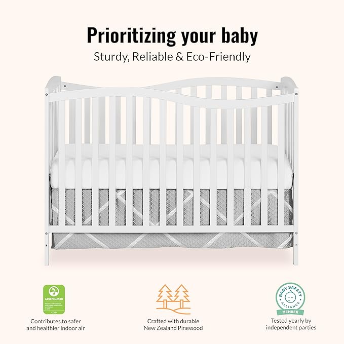 Dream On Me Chelsea 5-in-1 Convertible Full-Size Baby Crib in White, GreenGuard Gold & JPMA, Pinewood, 4 Mattress Heights, Converts to Toddler, Day & Full-Size Bed, Modern Classic Nursery