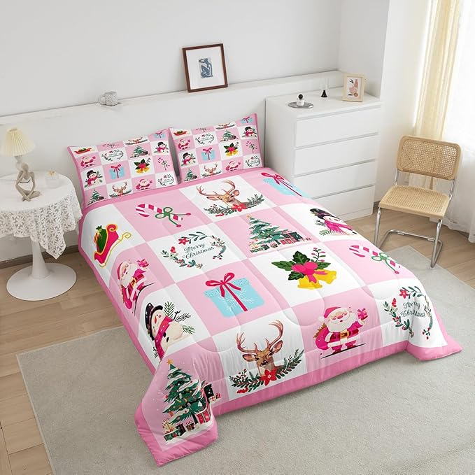 Erosebridal Merry Christmas Comforter Set for Kids Christmas Tree Quilt Toddler Size with 1 Pillow Case Santa Claus Xmas Decor Bedding Set Kawaii Snowman Bedding Comforter Sets,Pink