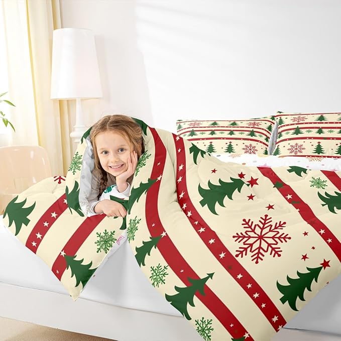 Feelyou Christmas Bedding Set Soft for Boys Girls, Xmas Tree Comforter Set Full Size Snowflake Star Duvet Quilt Microfiber New Year Theme Bedroom Decor 3 Pcs with 2 Pillow Cases