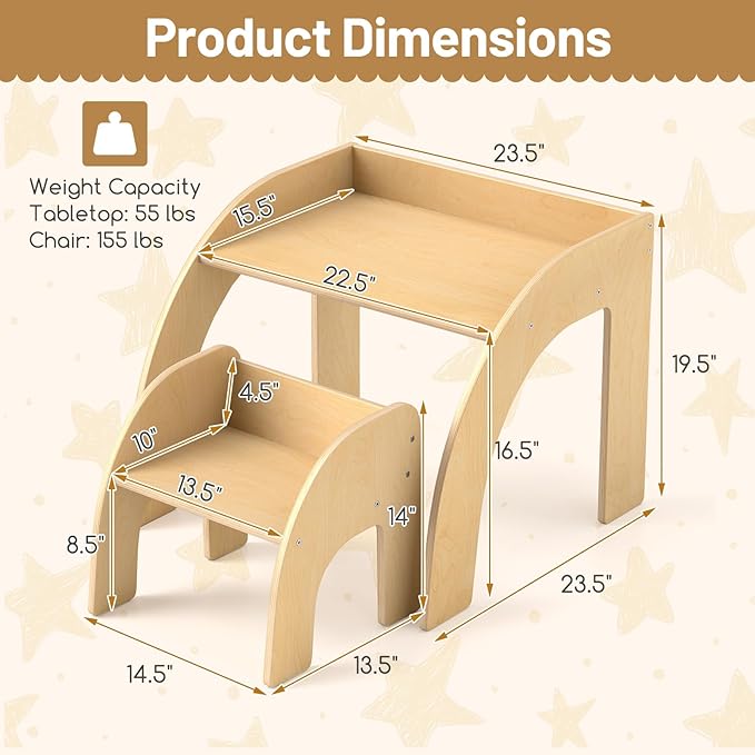 INFANS Kids Table and Chair Set, Wooden Activity Table for Toddlers Arts Crafts Drawing Reading Playing Building Block Drawing, Children Natural Furniture Set for Playroom Nursery