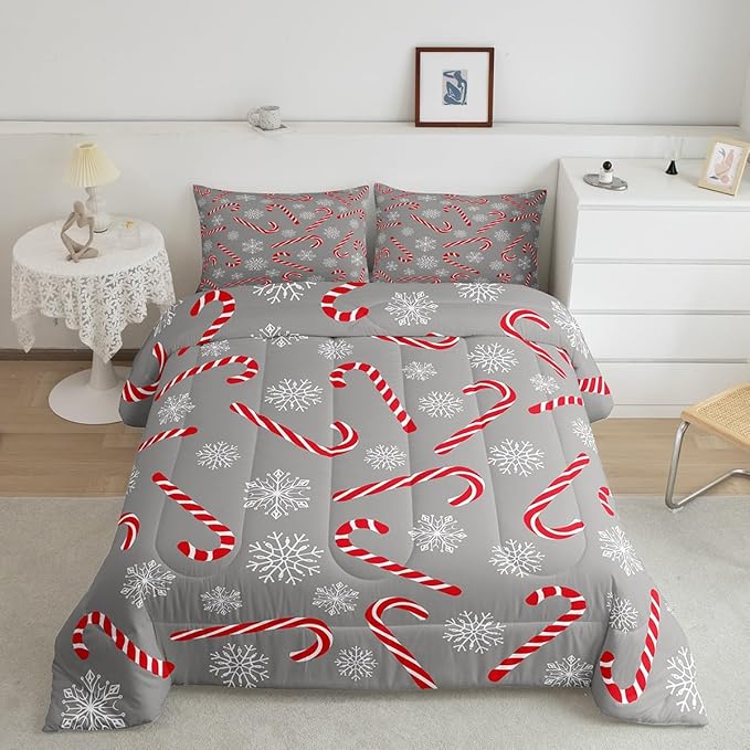 Erosebridal Xmas Candy Cane Full Bedding Set 7 Piece,Merry Christmas Bed in A Bag for Kids Boys Girls,Winter Snowflake Comforter Set Grey Christmas Ornaments Sheet Set with Comforter