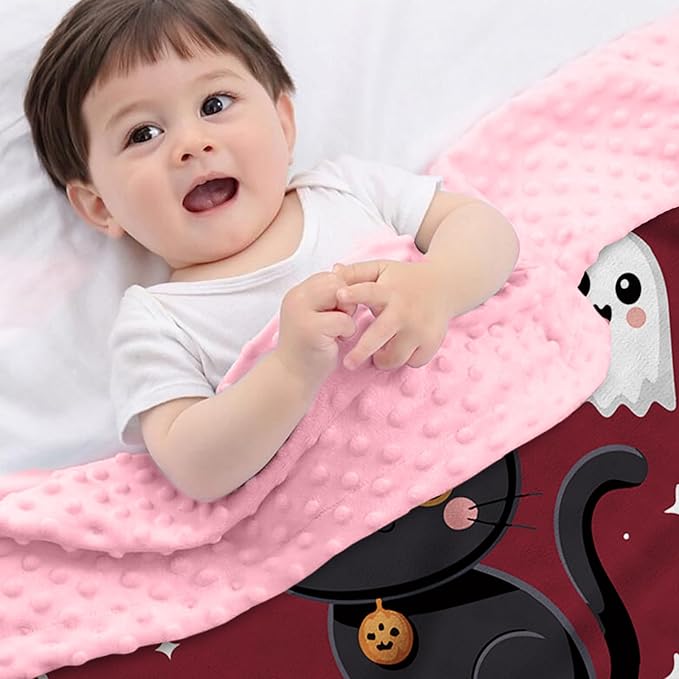 Personalized Halloween Blanket for Girls, Custom Baby Blanket with Name, Cute Cat Theme Soft Minky Dot Blanket, Halloween Decor Christmas Birthday Gifts for Kids Toddlers