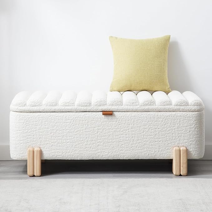 Kmax 45" Storage Bench Faux Fur Entryway Bench Upholstered Ottoman Bench with Wavy Top & Safty Hinge for Bedroom Living Room Hallway, White