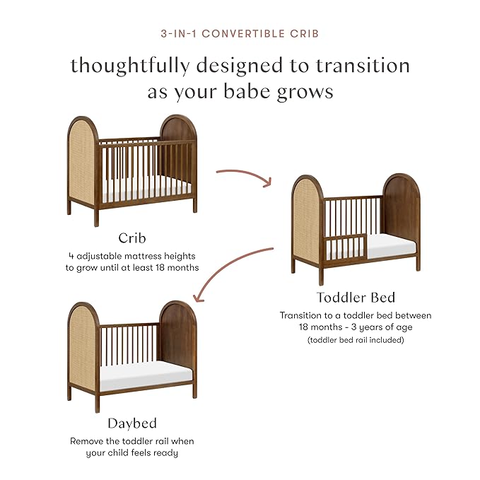 Babyletto Bondi Cane 3-in-1 Convertible Baby Crib - GREENGUARD Gold Certified Convertible Crib to Toddler Bed & Daybed - Wooden Baby Bed 4 Adjustable Heights - Made of 100% Solid Wood - Natural Walnut