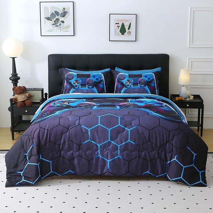 Wajade Game Console Comforter Set for Boys 7 Piece Blue 3D Gaming Geometric Bedding Sets for Kids Full Size as Birthday with Comforter, Sheet Set, Pillowcase and Sham