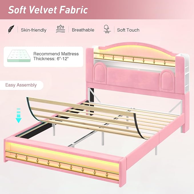 Queen Bed Frame with Storage Headboard, Platform Bed Frame Queen Size with Charging Station&LED Lights,Velvet Princess Bed for Girls/Kids, No Box Spring Needed/Noise-Free/Easy Assembly,Pink