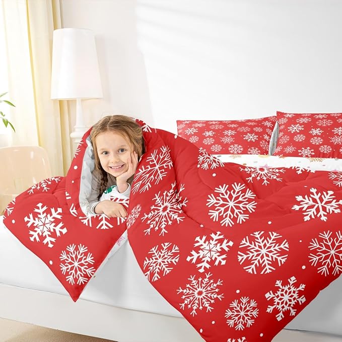 Feelyou Christmas Comforter Set All Season Winter Snowflake Bedding Set with 2 Pillow Cases Xmas Festival Microfiber Kids King Bedclothes Snowflake Red Bedroom Decor Duvet Quilt Breathable Soft