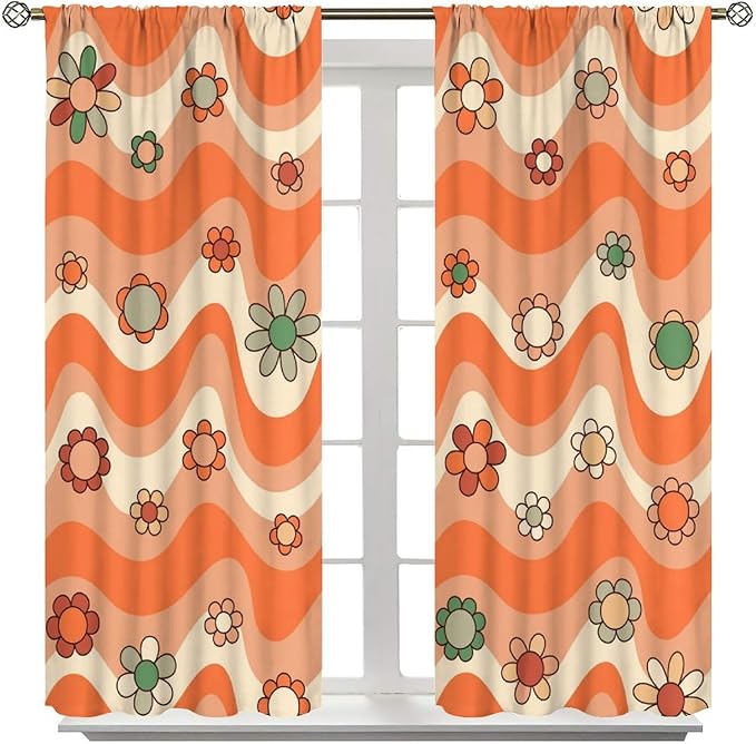 70s Boho Retro Curtains for Bedroom,Groovy Vintage Floral Rainbow Window Treatments Drapes for Kids Girls Window 42"" W X 54"" L, Style-6