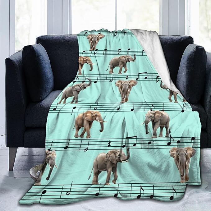 Elephant Blanket Musical Notes Decor Throw Blanket Super Soft Flannel Lightweight Fluffy Plush Fuzzy Fleece Blanket Gifts for Girl Woman Boys Kids Adults Man for Bed Sofa 50"X60"