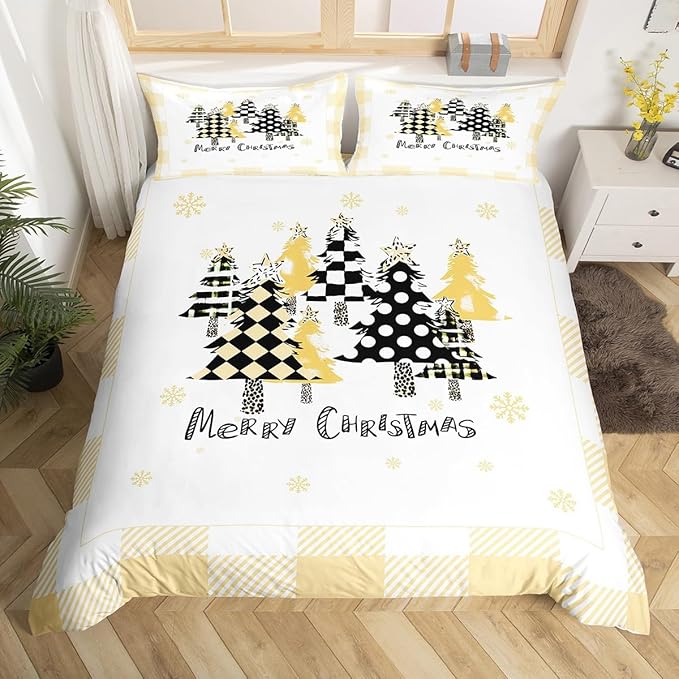 Manfei Xmas Tree Duvet Cover Set Twin Size, Yellow Plaid Grid Snowflake Comforter Cover with 1 Pillowcase, Christmas Theme Bedding Set for Kids Girls Room Decor New Year Bedspread Cover, No Comforter