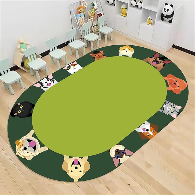 Cat and Dog Kids Area Rug, 6x8ft, Children's Pet Print Oval Rugs, Children's Educational Learning Animal Play Mat for School Classroom, Non-Slip Washable Green Carpet for Nursery Bedroom