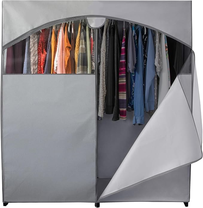 HOLDN’ STORAGE Portable Wardrobe Closet - 65 lb Large Capacity, Internal Heavy Duty Metal Rod, Zipper & Clear Window, Durable Clothes Organizer, Tool-Free Easy Assembly, Dark Gray Canvas Cover