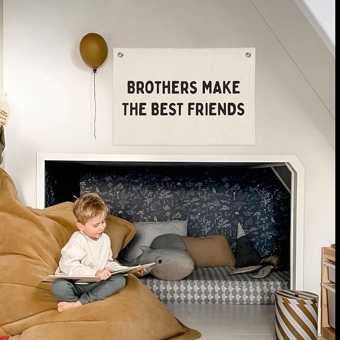 Brothers Make The Best Friends Banner, Boys Room Decor, Linen Canvas Banner Wall Hanging Flag Decor for Toddler Boy Kids Room Nursery Bedroom Playroom 20x30
